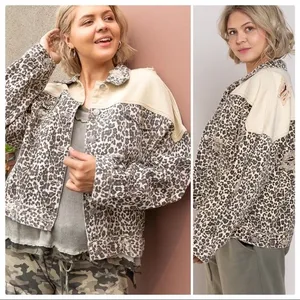 POL Leopard Print Distressed Denim‎ Jacket Tan Colorblock Oversized S Western thumbnail 2