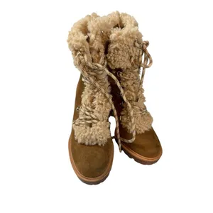 JLO Jennifer Lopez Brown Shearling-Lined Lace-Up Boots With Block Heel thumbnail 4