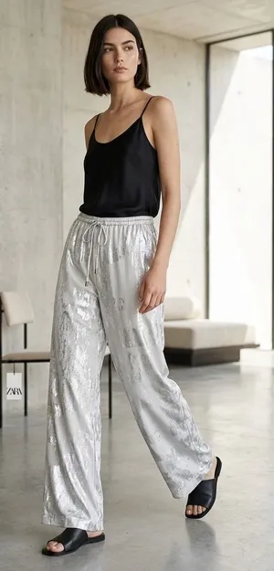 Zara White/Silver Metallic Wide-Leg High-Rise Pants. thumbnail 1