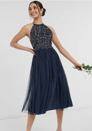 Maya Deluxe Halter Dark‎ Blue Sequin Top Tulip Skirt Midi Sleeveless Prom Dress thumbnail 1