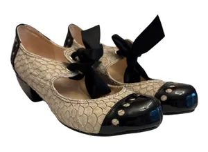 All Black Black & Cream Textured Mary Jane Heels w/FishBow ribbon laces Sz 7.5 thumbnail 1