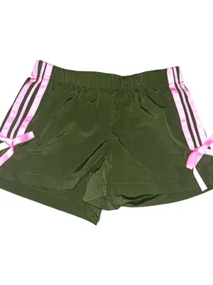 No Boundaries Olive Green Athletic Shorts with Pink Stripe and Bow thumbnail 2
