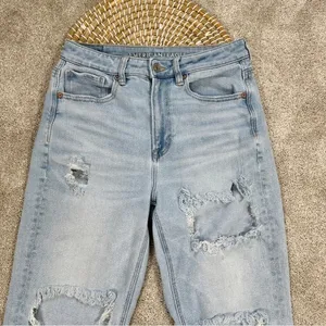 American Eagle Stretch Mom Straight Jeans Distressed Ripped Blue Size 6 Short thumbnail 3