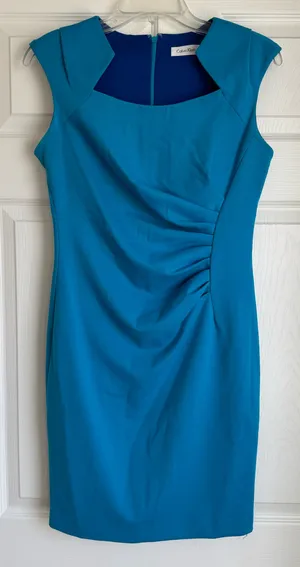 Calvin Klein‎ Side Ruched Horseshoe Neck Sz 8P TEAL Sleeveless Sheath Dress thumbnail 1