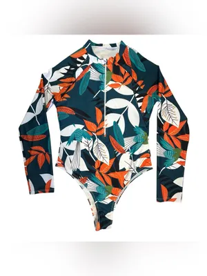Long-Sleeve Teal Floral One-Piece Swim Suit with Front Zip Size L thumbnail 2
