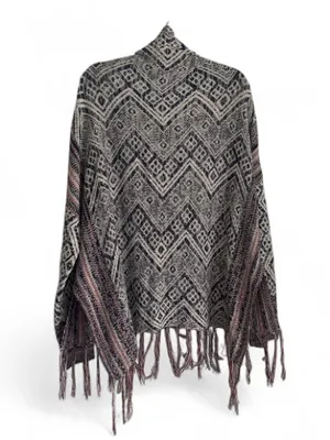 Boho Fringe Pullover Sweater - Navy & Gray Aztec Pattern Tribal Drapey Size 2XL thumbnail 2