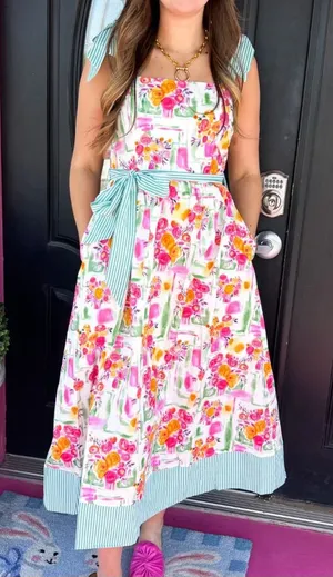 Entro Floral Striped Tea Midi Dress Size Small thumbnail 1