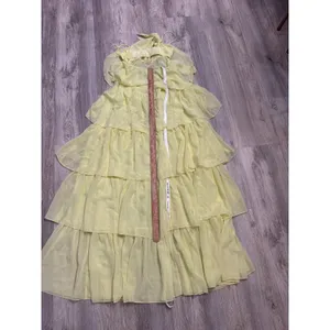 Lucy In The Sky Yellow Tiered Chiffon Maxi Dress Tie Front Cutout Back Small NEW thumbnail 7