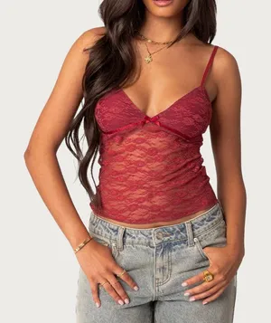Edikted Lace Tank Top eira sheer crop womens Red (medium) y2k fairy festival thumbnail 1