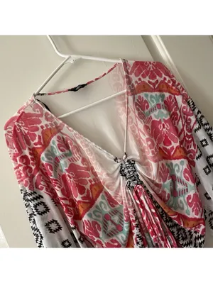 Bebe Boho Ikat Southwestern Kimono Mesh Festival Top V-Neck Ruched S Small thumbnail 14