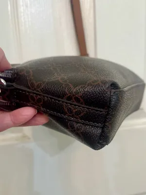 Nine West Dome Crossbody Bag Brown Monogram Coated Canvas Tan Strap GUC thumbnail 7