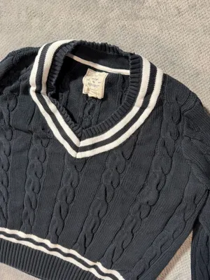 Hope & Henry Women's L Black White Cable Knit V-Neck Sweater Organic Cotton #170 thumbnail 4