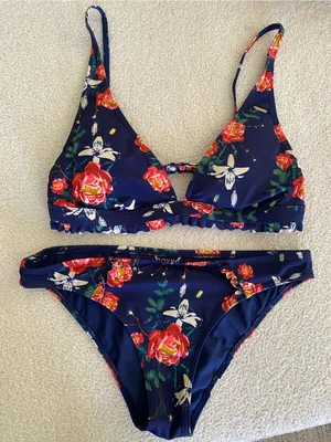 Roxy Navy Floral beach Bikini with Pink and Yellow Accents thumbnail 1