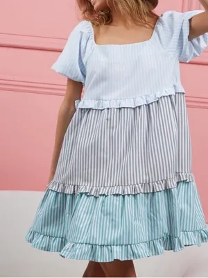 BiBi Cute Pink Pastel Stripe Ruffle Tier Puff Sleeve Babydoll Summer Dress Sz XL thumbnail 13
