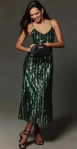 Anthropologie Maeve Green Sequin Stripe Midi Dress thumbnail 1