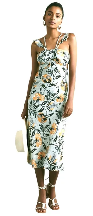 ANTHROPOLOGIE Women’s Boho Linen Blend Printed Halter Slim Midi Dress thumbnail 1