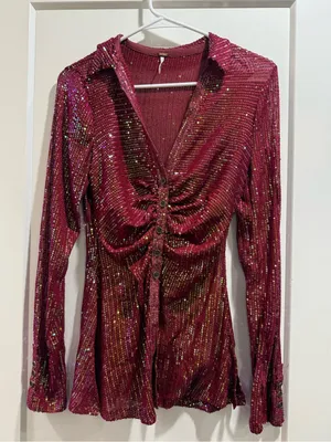 Free‎ People Magenta Sequin Long Sleeve Button Down Shirtee Top Size Small thumbnail 3