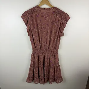 Entro Mauve Floral Smocked Mini Dress Tiered Cottage Boho Romantic Feminine thumbnail 6