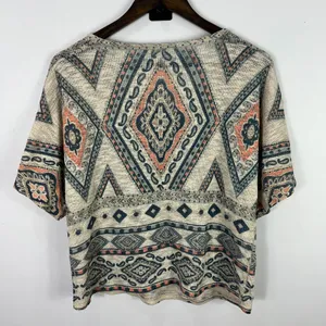 Ginger G Southwestern Aztec‎ Print Top L Beige Blue Short Sleeve Boho Festival thumbnail 2