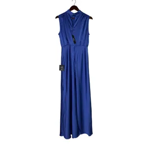 NWT Lulus Classic Elegance Satin Sleeveless Mock-Neck Slit Maxi Dress Large Blue thumbnail 13