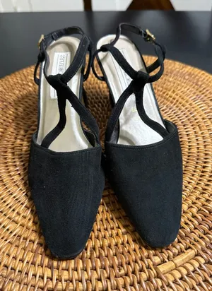 Studio Roma Black Suede Slingback‎ Pumps T-Strap Block Heel Brazil Size 6.5 36 thumbnail 1
