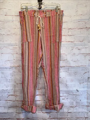 Sundance Pink Tan Stripe elastic Waist Bakari Beachy Pants Roll Tab Hem S pocket thumbnail 9