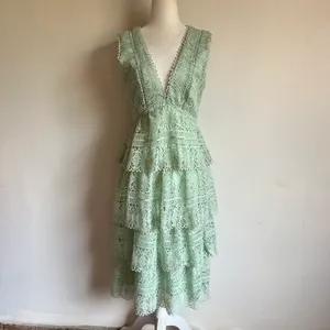 Light Green Tiered Lace V Neck Midi Dress thumbnail 3