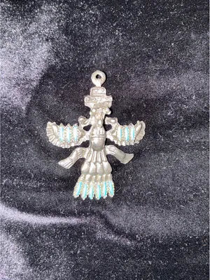 Vintage Southwestern Silver-Tone Thunderbird Kachina Pendant with Faux Turquoise thumbnail 6