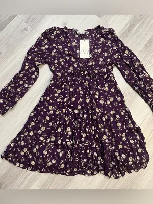 Zara Purple Floral V-Neck Long-Sleeve Mini‎ Dress thumbnail 2