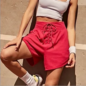 FP Movement By Free People Can’t Handle This Pink Ribbed Lace Up Shorts Size S thumbnail 1