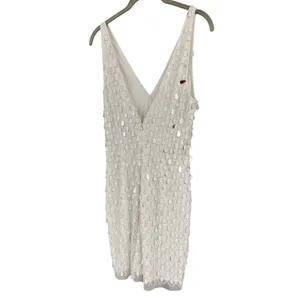 Liv Foster Beaded Sequin Lattice V-Neck Mini Dress Ivory Silver Size 6 thumbnail 4
