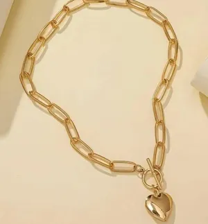 Golden Heart Pendant Chunky Chain Necklace, Alloy Gold Tone thumbnail 3
