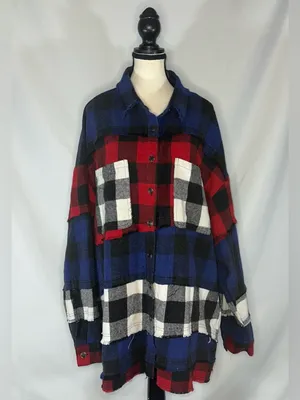 Oli & Hali Mixed Plaid Flannel Shacket Size Large Reworked Tiered Boho USA thumbnail 5