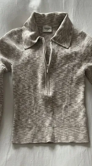 Abercrombie & Fitch | Marled Ribbed Half Zip Collar Sweater Top Beige Cream XXS thumbnail 1
