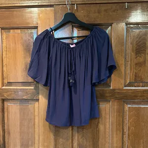 Lilly Pulitzer Sain Off-Shoulder Blouse Short‎ Bell Sleeve Tassel True Navy thumbnail 5