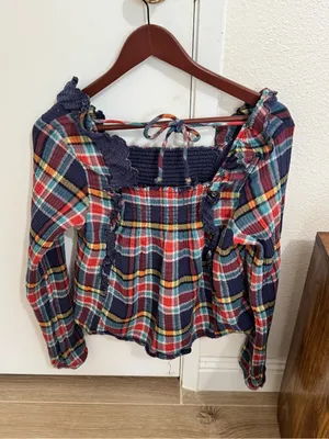 Free People Plaid Ruffle Square-Neck Top in Navy Red Yellow thumbnail 2