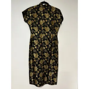 Y2K VINTAGE Black Gold Floral Brocade ASIAN Cheongsam Qipao Dress Mandarin thumbnail 5