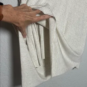 Elan Cream Striped V Neck Short Sleeve Tee Double Layer Soft Asymmetrical Top thumbnail 4