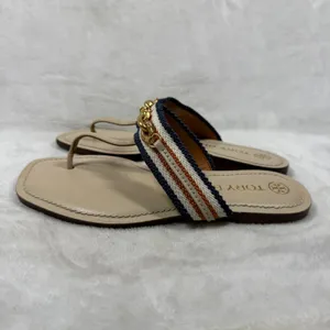 Tory Burch Eleanor Thong Sandal Beige Multi Striped Canvas Gold Chain Flat 5.5 thumbnail 6
