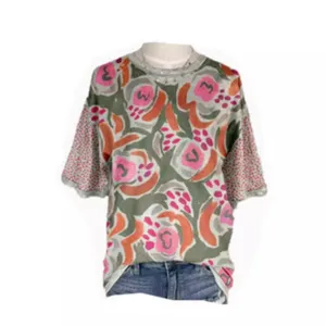 Abstract Painterly Floral Top Mixed Media Dotted Sleeve Maximalist XL Teacher thumbnail 3