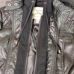 Faux Leather Double Zip Biker Jacket Black thumbnail 11