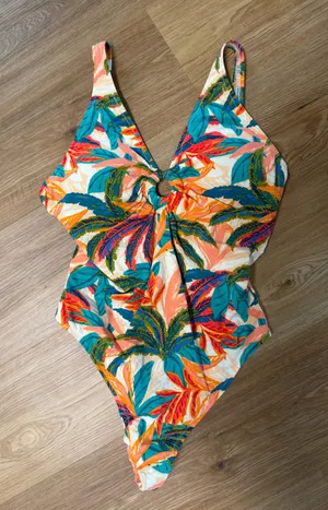 Jessica Simpson Tropical Leaf Ring-Front Swim Top - Teal, Orange, Coral thumbnail 1