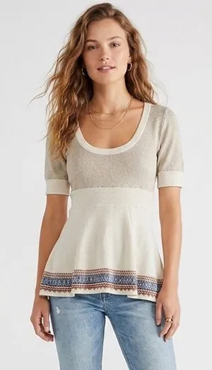 Free People Cream Fair Isle Fit & Flare Short Sleeve Knit Top Size XS thumbnail 1