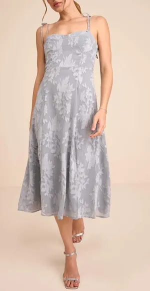 NWT Lulus Loveliest Looks Dusty Blue Floral Jacquard Tie-Strap Midi Dress Sz M thumbnail 1
