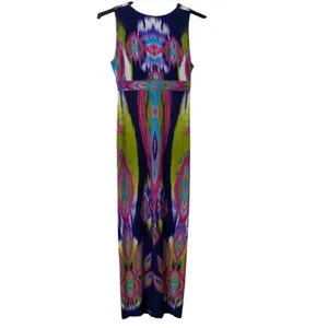 Chico's Maxi Dress Women's Sz1 Blue Pink Green Ikat Abstract Sleeveless Boho EUC thumbnail 9