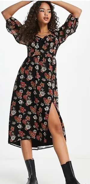 Hollister Dress Womens Medium Floral Long‎ Puff Sleeve Slit Midi Chiffon Retro thumbnail 1