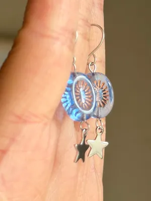 Handmade retro vintage cute whimsical style quality Czech glass beads unique dangle earrings🩵 thumbnail 8