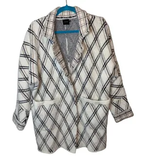 Cliche Plaid Cozy Cardigan Jacket Cream Beige Black Long Open Front Size Large‎ thumbnail 1