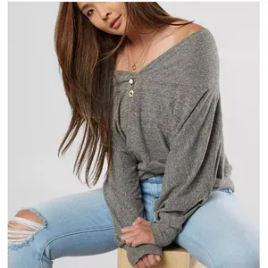 Free People‎ Charcoal Gray Sequoia Top Off Shoulder Loose Fit Shirt Women Small thumbnail 1