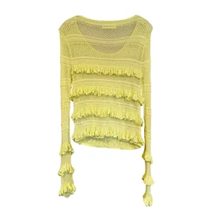 Anthropologie Ruffle Open Knit Sweater Womens Large Lime Green Feminine Coquette thumbnail 8